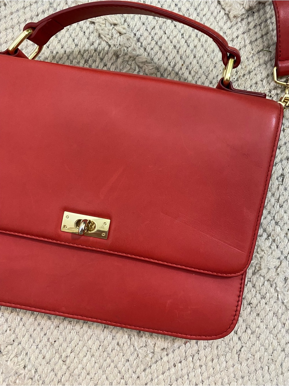 J. Crew Red Leather Top-Handle Satchel with Gold Hardware